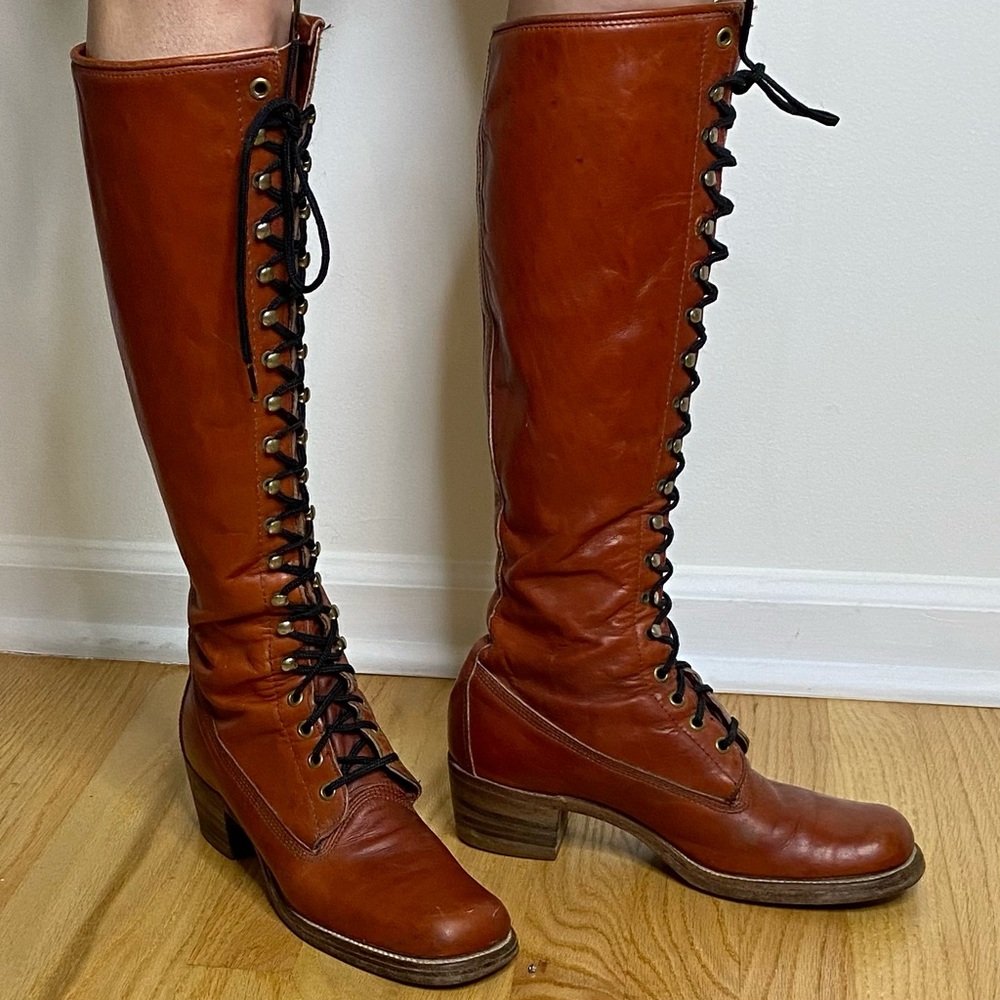 RARE Vintage 1970s Frye Tall Leather Lace Up Boot Melissa Combat Size 8 AA